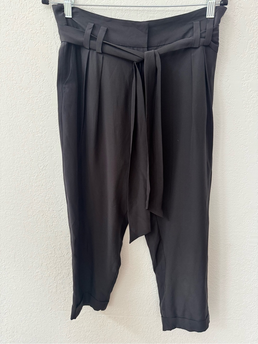 Black Silk crop cuffed pleated pant with tie waist by Express Design Studios
